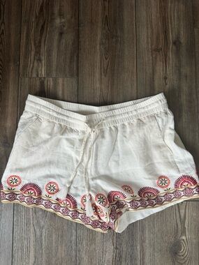 LOFT White linen Embroidered Drawstring Shorts festival